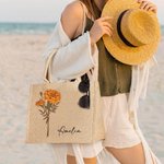 Sac de Plage en Jute Personnalisé avec Nom et Fleur de Naissance Cadeau Anniversaire Fête Mariage pour Femmes