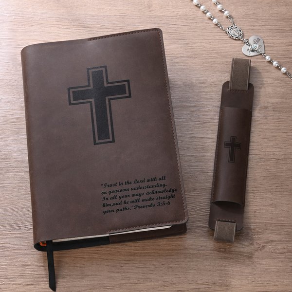 Personalised Cross Bible Verse PU Leather Bible Cover Case with Name and Pen Holder Birthday Religious Baptism Gift for Christians