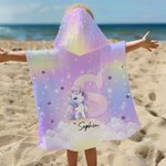 Personalised Fantasy Unicorn Oversized Soft Hooded Beach Towel with Name Initial Beach Party Travel Summer Vacation Birthday Gift for Girls