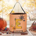 Personalised Spooky Pumpkin Witch Monster Bat Initial Grid Trick or Treat Bag Sweets Bucket with Name Halloween Party Favors for Boys Girls