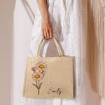 Sac de Plage en Jute Personnalisé avec Nom et Fleur de Naissance Cadeau Anniversaire Fête Mariage pour Femmes