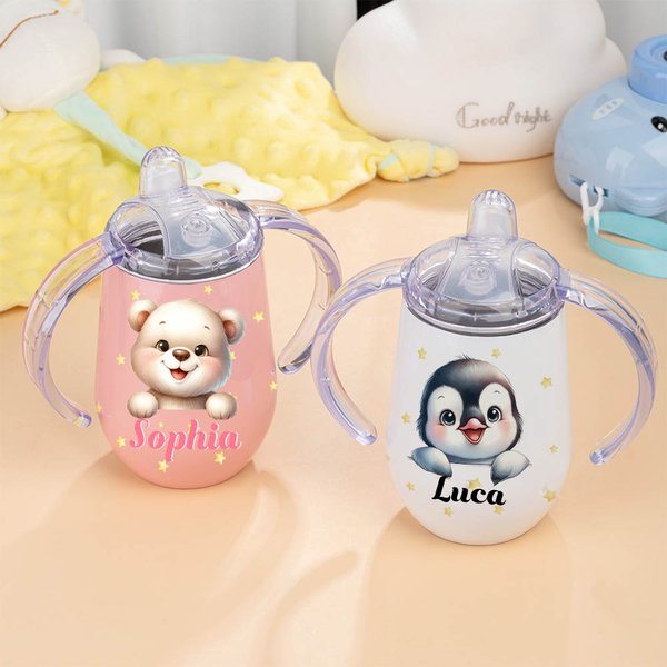 Gepersonaliseerde Schattige Fantasie Eenhoorn Beer Dier 295 ml Geïsoleerde Tuitbeker met Naam en Handvat Cadeau voor Babyshower of Kinderverjaardag