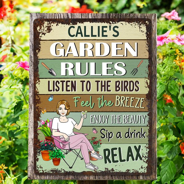 Henkilökohtainen Garden Rules Cartoon Character Vertical Metal merkki nimi Garden Decor syntymäpäivä Housewarming lahja perheelle puutarhanhoito ystäville