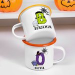Personalized Witch Frank Pumpkin Initial 12 oz Colorful Rim Enamel Mug with Name Party Daily Use Halloween Holiday Gift for Boys Girls