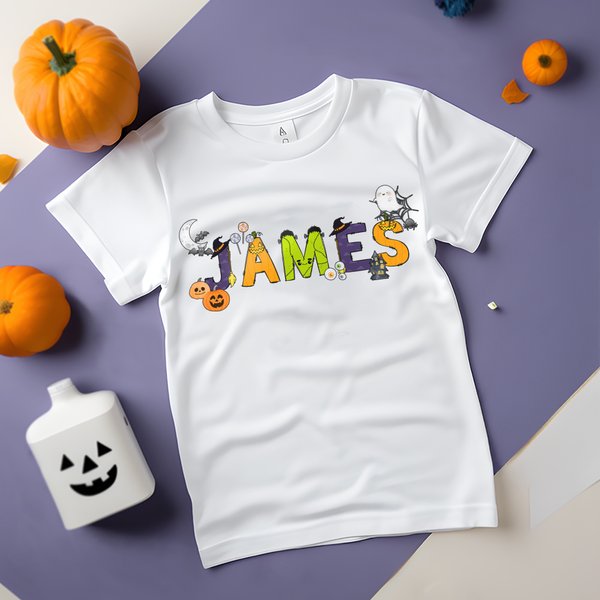 Personalised Cute Ghost Pumpkin Alphabet 100% Cotton Kid T-shirt Baby Bodysuit with Name Welcome Halloween Costume Holiday Gift for Kids