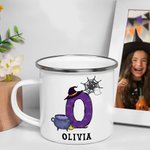 Personalized Witch Frank Pumpkin Initial 12 oz Colorful Rim Enamel Mug with Name Party Daily Use Halloween Holiday Gift for Boys Girls