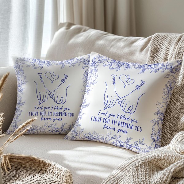 Personalized Toile De Jouy Holding Hands I'M Keeping You Throw Pillow Cover with Names Home Decor Birthday Anniversary Gift for Couple Family