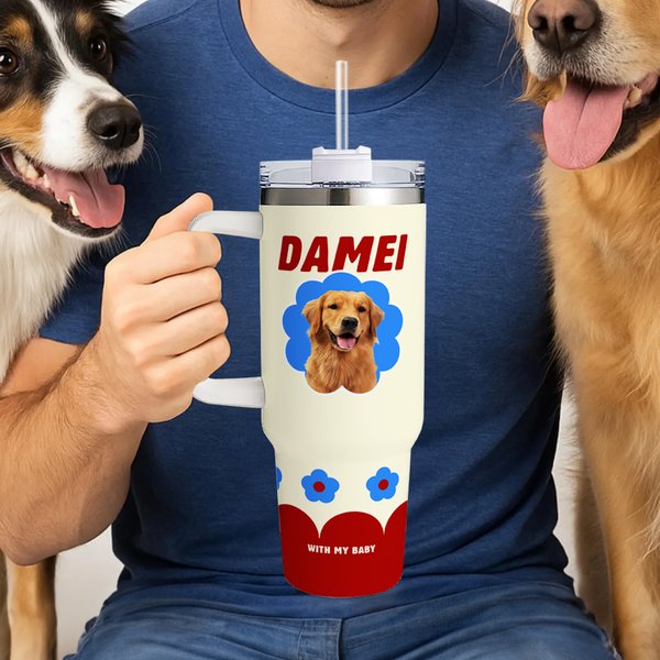 Gepersonaliseerde schattige bloem huisdier foto 40 oz geïsoleerde Tumbler met naam en rietje Verjaardag Memorial Gift voor Pet Lovers eigenaren