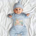 Personalised Watercolour Style Crib 100% Cotton Baby Romper Hat Set with Name Baby Shower Gift for Newborn New Parents