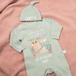 Personalised Watercolour Style Crib 100% Cotton Baby Romper Hat Set with Name Baby Shower Gift for Newborn New Parents