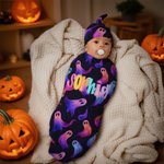 Personalised Pumpkin Ghost Spider Web Swaddle and Knot Hat Set with Name Halloween Baby Shower Birthday Gift for Newborns