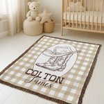 Personalized Western Cowboy Boots and Hat Plaid Soft Baby Blanket with Name and Tassels Birthday Baby Shower Gift for Newborns New Parents