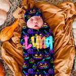 Personalised Pumpkin Ghost Spider Web Swaddle and Knot Hat Set with Name Halloween Baby Shower Birthday Gift for Newborns