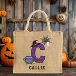 Personalized Halloween Pumpkin Ghost Bat Initial Large Capacity Jute Tote Bag with Name Halloween Party Gift for Family Kids
