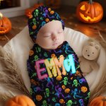 Personalised Pumpkin Ghost Spider Web Swaddle and Knot Hat Set with Name Halloween Baby Shower Birthday Gift for Newborns