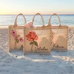 Borsa tote personalizzata in iuta con fiore di nascita e nome festa della mamma regalo ideale per  compleanno e matrimonio per donne