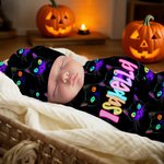 Personalised Pumpkin Ghost Spider Web Swaddle and Knot Hat Set with Name Halloween Baby Shower Birthday Gift for Newborns