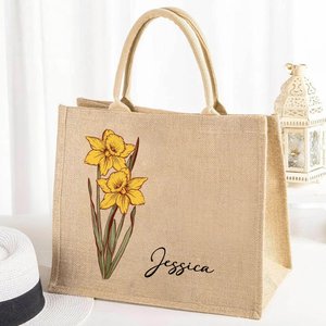 Borsa tote personalizzata in iuta con fiore di nascita e nome festa della mamma regalo ideale per compleanno e matrimonio per donne
