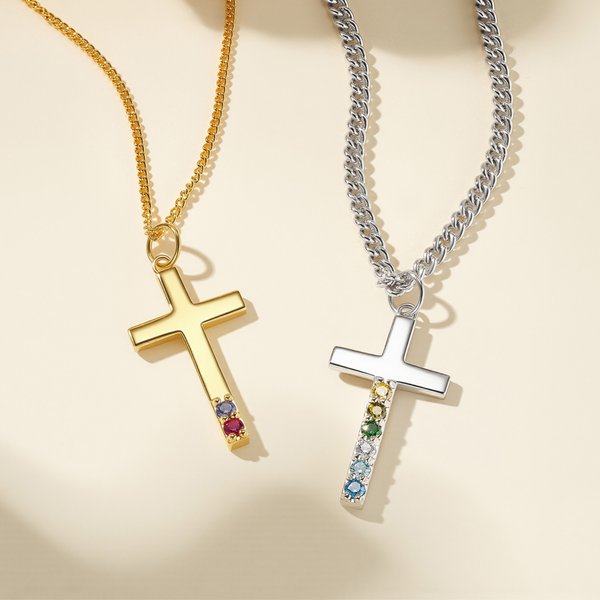Personalized Cross 1-6 Birthstones Necklace Minimalist Jewellery Baptism Religious Birthday Gift for Christians Men Women