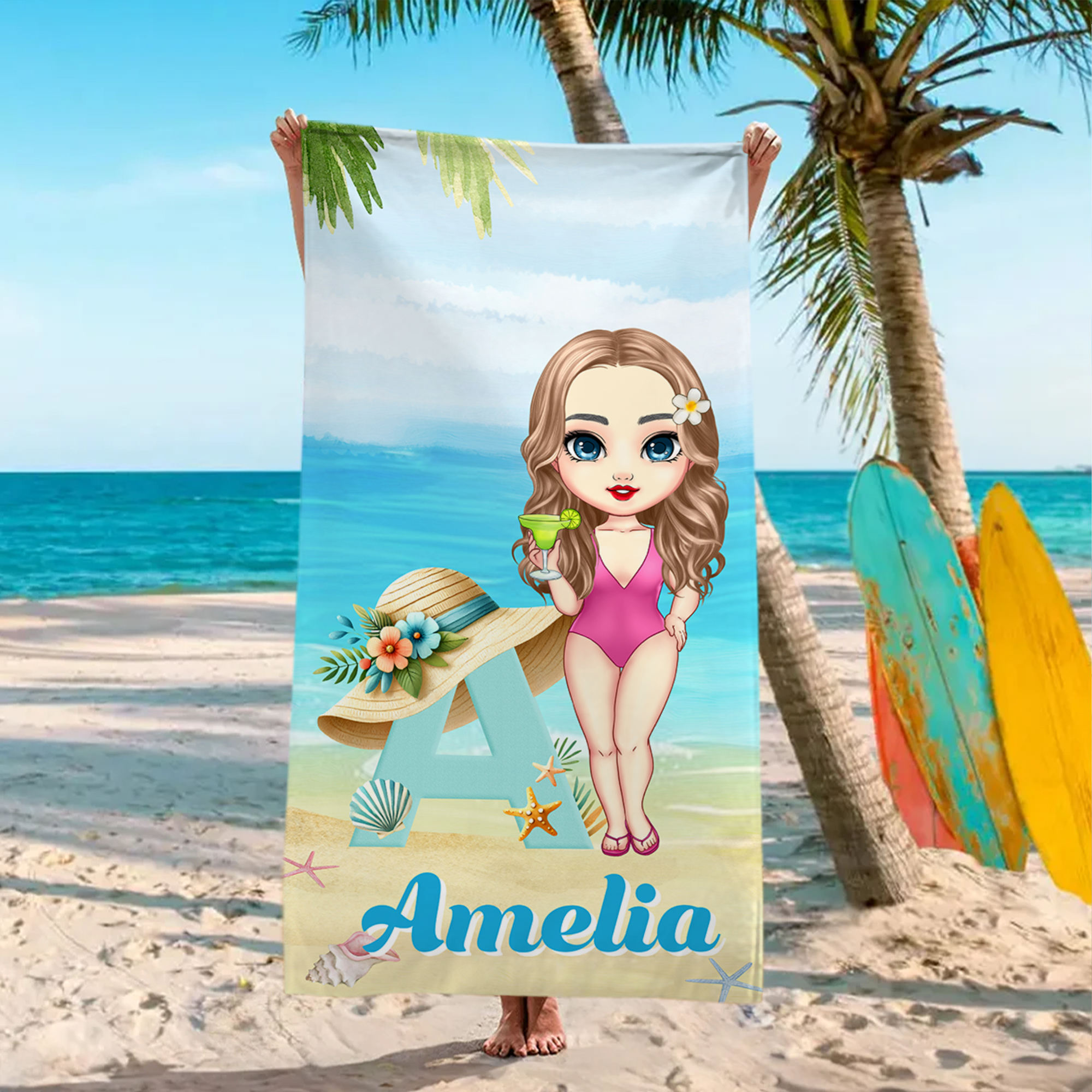 Serviette de plage surdimensionnée à séchage rapide personnalisée avec nom et chapeau de paille Initial Summer Essentials Cadeau d'anniversaire pour les membres de la famille