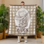 Personalized Western Cowboy Boots and Hat Plaid Soft Baby Blanket with Name and Tassels Birthday Baby Shower Gift for Newborns New Parents