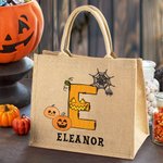 Personalized Halloween Pumpkin Ghost Bat Initial Large Capacity Jute Tote Bag with Name Halloween Party Gift for Family Kids