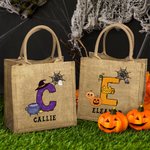 Personalized Halloween Pumpkin Ghost Bat Initial Large Capacity Jute Tote Bag with Name Halloween Party Gift for Family Kids