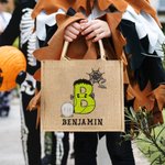 Personalized Halloween Pumpkin Ghost Bat Initial Large Capacity Jute Tote Bag with Name Halloween Party Gift for Family Kids