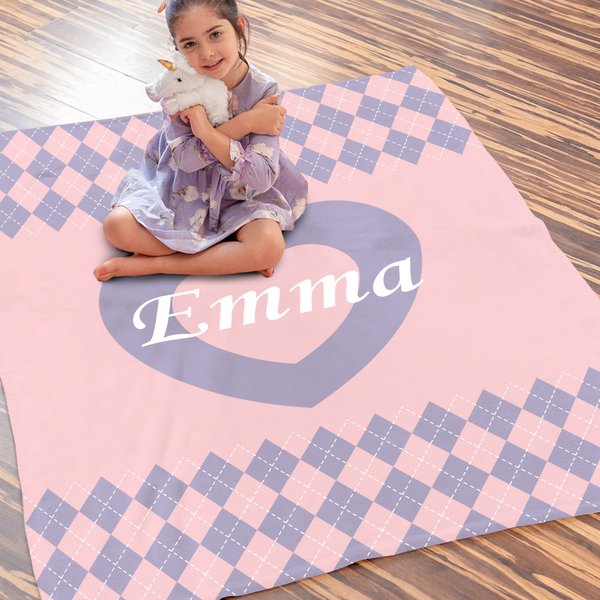 Personalized Vintage Checker and Heart Multicolor Soft Throw Blanket with Name Home Decor Birthday Anniversary Gift for Woman