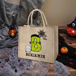 Personalized Halloween Pumpkin Ghost Bat Initial Large Capacity Jute Tote Bag with Name Halloween Party Gift for Family Kids