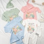 Personalised Watercolour Style Crib 100% Cotton Baby Romper Hat Set with Name Baby Shower Gift for Newborn New Parents