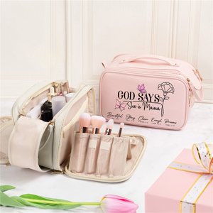 Personalised Butterfly Birth Flower God Says She Is Feminist PU Leather Makeup Bag with Title and Name Travel Birthday Gift for Women Girls