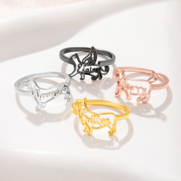 Personalized Cute Dog Cat Silhouette Ring with Name Minimalist Jewelry Birthday Anniversary Gift for Pet Lovers