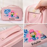 Personalized Birthday Cake Balloon Cartoon Girl PU Leather Makeup Bag with Name Age and Handle Birthday Anniversary Gift for Girls Women