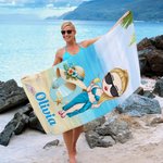 Personalized Cartoon Character Oversized Quick Dry Beach Towel with Name and Straw-Hat Initial Summer Essentials Birthday Gift for Family Members