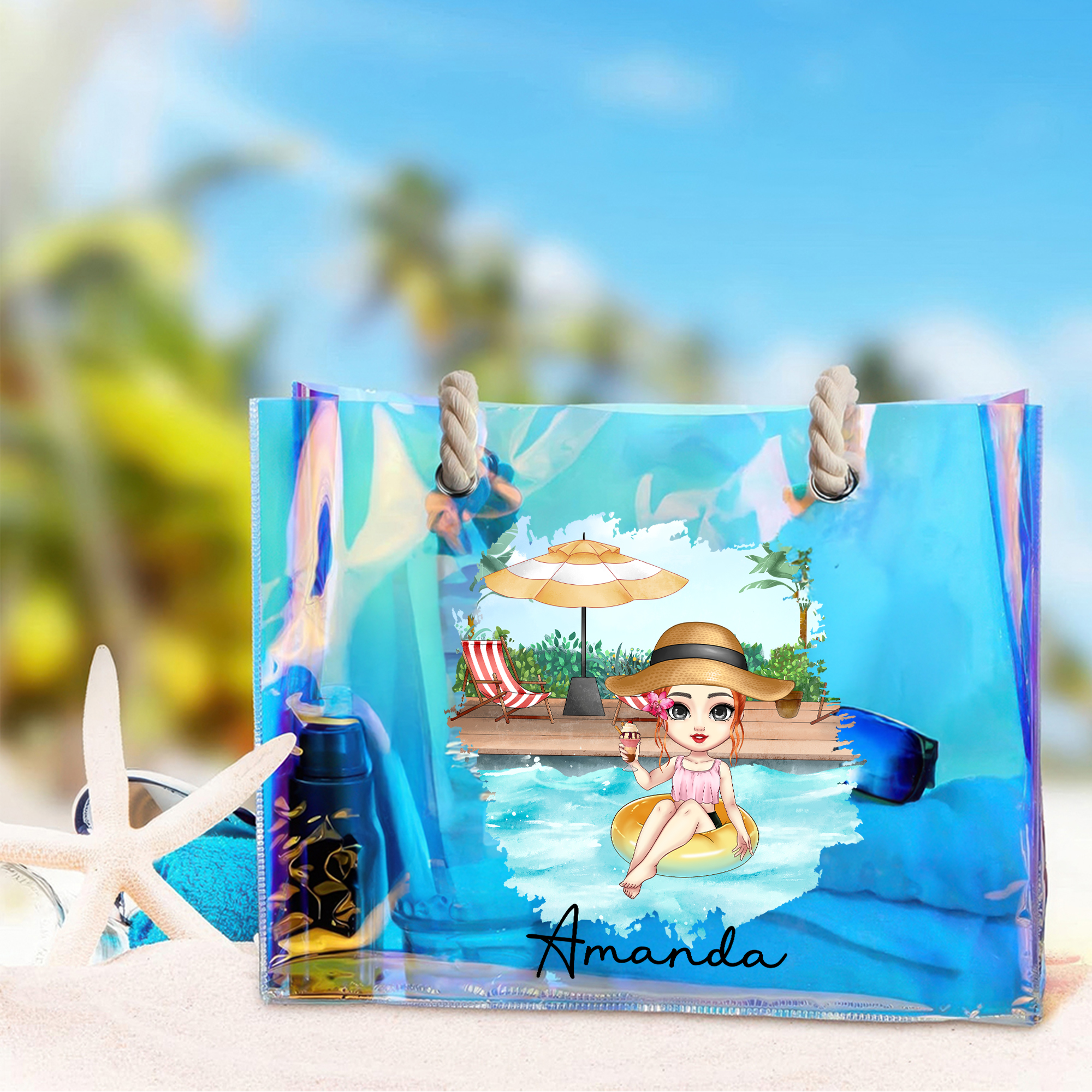 Sac fourre-tout holographique transparent avec nom Fête d'été Fête d'anniversaire Cadeau pour femmes Filles