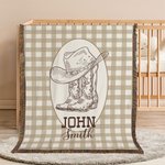 Personalized Western Cowboy Boots and Hat Plaid Soft Baby Blanket with Name and Tassels Birthday Baby Shower Gift for Newborns New Parents