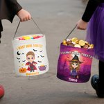 Cesta de caramelos de Halloween personalizada con el nombre de la bruja vampiro de dibujos animados Truco o trato Actividad Fiesta de Halloween Regalo para niños Niñas
