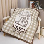 Personalized Western Cowboy Boots and Hat Plaid Soft Baby Blanket with Name and Tassels Birthday Baby Shower Gift for Newborns New Parents