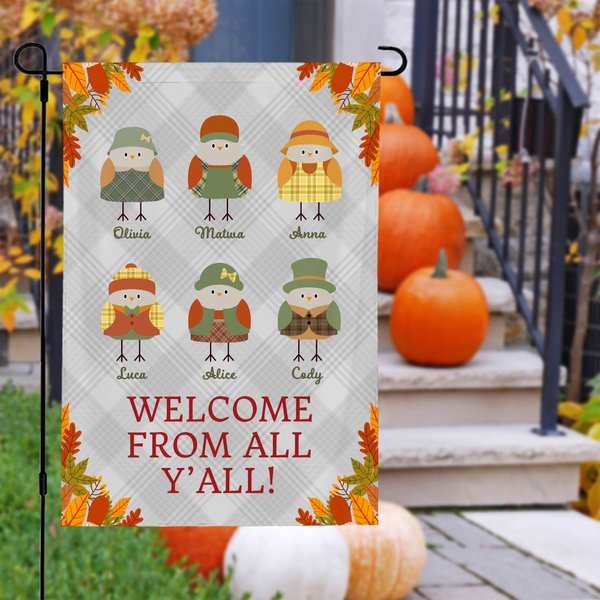 Personalized Fall Birds Garden Flag with 1-12 Names Autumn Outdoor Garden Decorations Thanksgiving Gift for Family Friend
