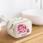 Personalized Birthday Cake Balloon Cartoon Girl PU Leather Makeup Bag with Name Age and Handle Birthday Anniversary Gift for Girls Women