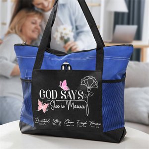 Personalised God Says She Is Tote Bag with Birth Flower Travel Essentials Birthday Anniversary Gift for Women