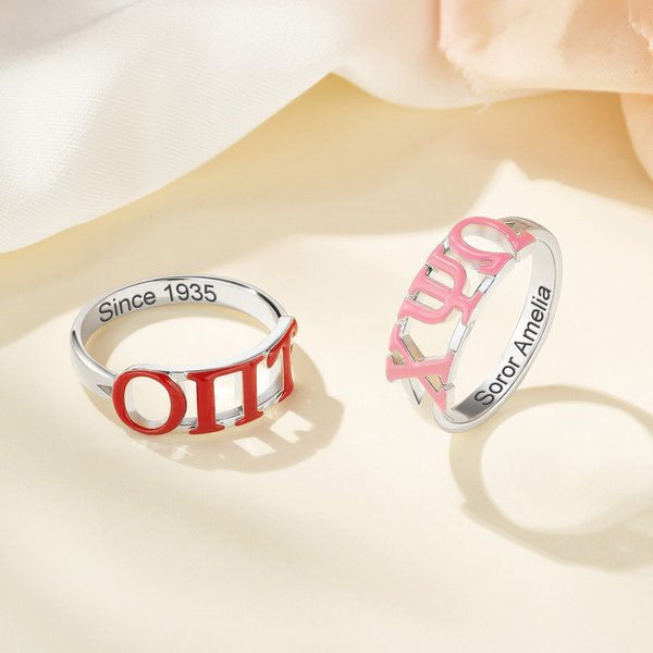 Personalised Sorority Enamel Greek Letters Ring with Engraved Text Bid Day Graduation Birthday Gift for Friends Girls
