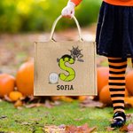 Personalized Halloween Pumpkin Ghost Bat Initial Large Capacity Jute Tote Bag with Name Halloween Party Gift for Family Kids