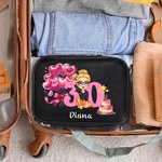 Personalized Birthday Cake Balloon Cartoon Girl PU Leather Makeup Bag with Name Age and Handle Birthday Anniversary Gift for Girls Women