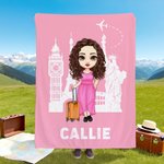 Personalized Cartoon Travel Character Multicolour Soft Throw Blanket with Name Home Decor Birthday Anniversary Travel Gift for Adventure Lovers
