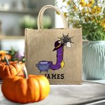 Personalized Halloween Pumpkin Ghost Bat Initial Large Capacity Jute Tote Bag with Name Halloween Party Gift for Family Kids