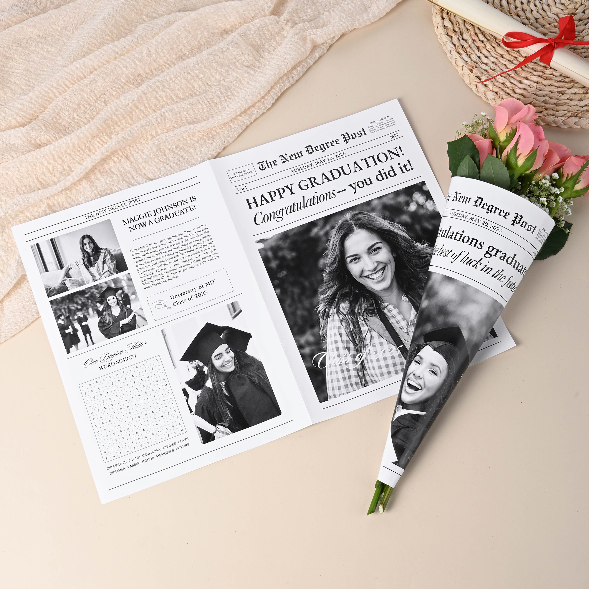 Papier d'emballage vintage personnalisé avec texte et photo pour bouquet de fleurs Cadeau de fin d'études pour les diplômés du lycée et de l'université