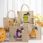 Personalized Halloween Pumpkin Ghost Bat Initial Large Capacity Jute Tote Bag with Name Halloween Party Gift for Family Kids