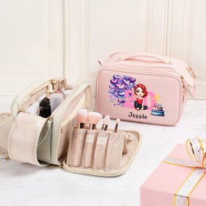 Personalised Birthday Cake Balloon Cartoon Girl PU Leather Makeup Bag with Name Age and Handle Birthday Anniversary Gift for Girls Women